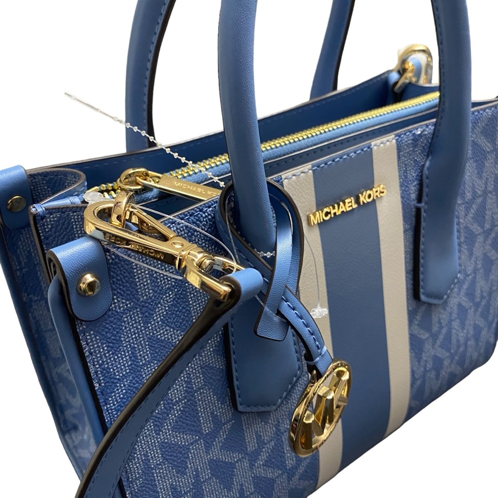 New MICHAEL KORS CENTER STRIPE MAPLE SM SATCHEL BRT BLUE WHITE CROSSBODY BAG - Picture 3 of 14